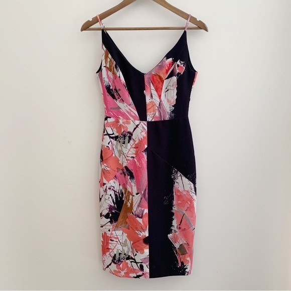 Black Halo Judy Ponte Knit Sheath Dress Sz 2 Black Pink Floral - Picture 10 of 10